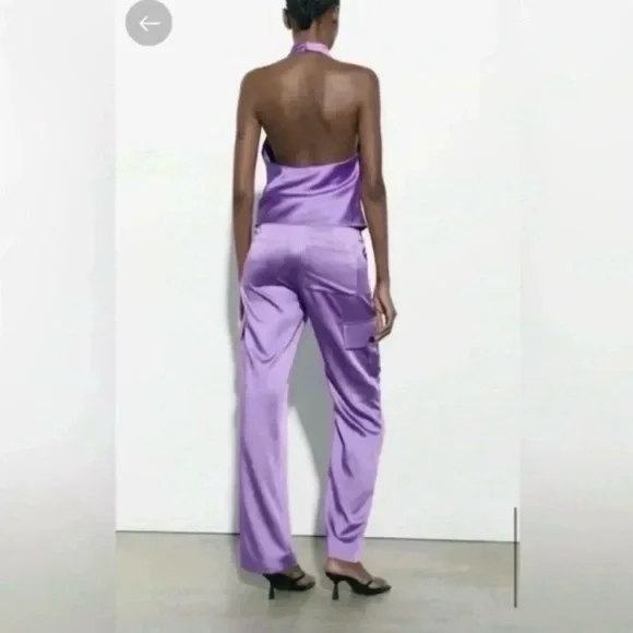 Zara Satin Lavender Cargo Pants Silky Straight Leg Utility Trousers Size XS - Picture 6 of 8